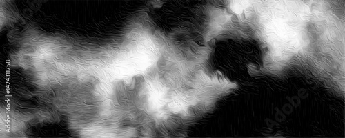 Black and white ink effect water color illustration. Gray aquarelle painted background. White Cloud Isolated on Black. Monochrome black and white ink effect watercolor. 