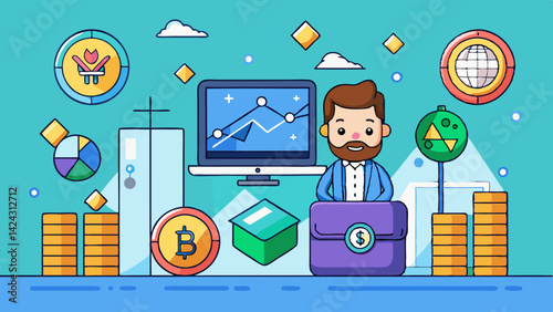 Cartoon investor trading cryptocurrency and stocks with positive financial growth outlook