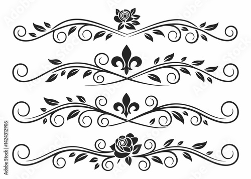 Elegant floral dividers with fleur de lis and rose decorations vector