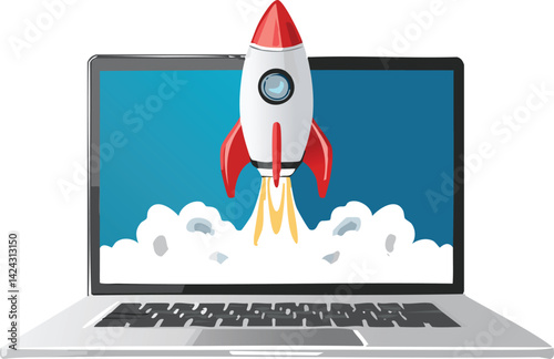 Rocket Launching from Laptop Screen - Digital Innovation Concept for Tech Startups & Motivational Content
