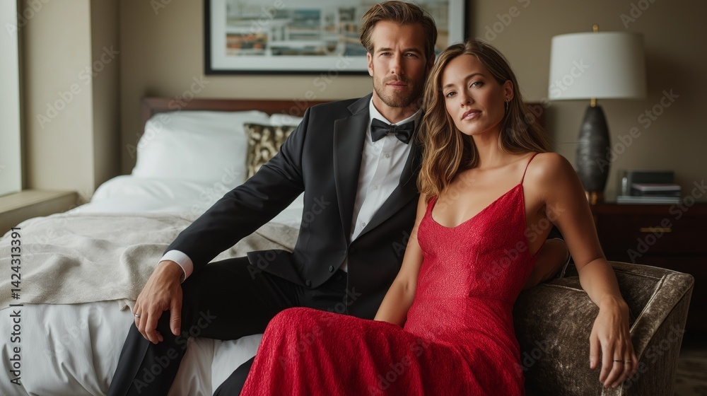 Obraz premium A stylish man in a tuxedo sits next to a beautiful woman wearing a striking red gown, both exuding confidence and charm in an upscale hotel setting as evening lights create a cozy ambiance.