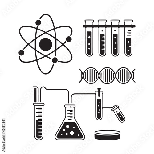 Science and Chemistry Icon Set with Test Tubes and Instruments
