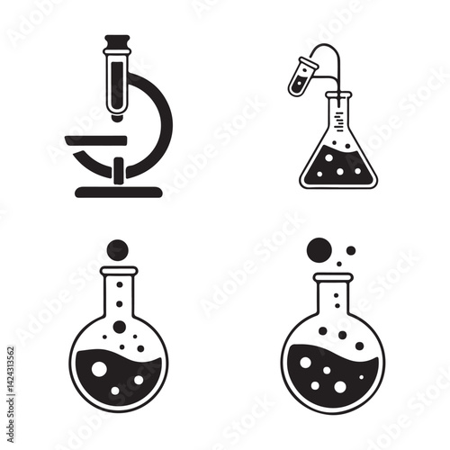 Science lab icon set showing glassware and equipment in vector illustration style