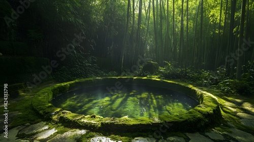 The light and shadow of the bamboo forest by the ancient well