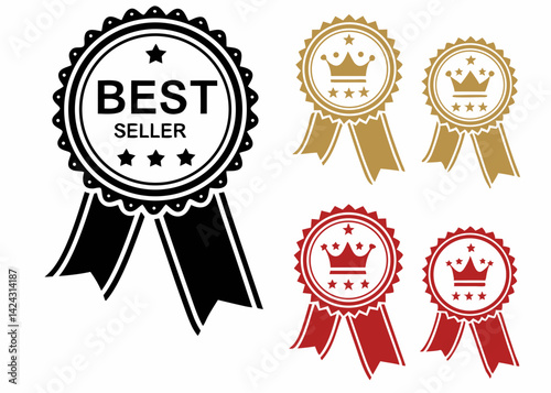 Collection of best seller and crown award ribbon icons in various colors