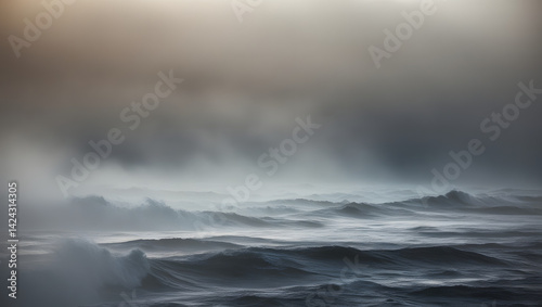 Obraz na płótnie a breathtaking, high-contrast, cinematic photograph of a dramatic seascape, with the horizon line dividing the frame into two thirds, where the tumultuous sea meets the misty, fog-shrouded sky, captur w salonie
