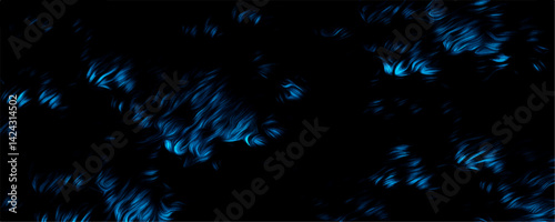 Striking vector illustration features luminous blue energy waves or fluid light particles against a deep, mysterious black backdrop design. Dynamic Dark Blue Glowing Abstract Background.
