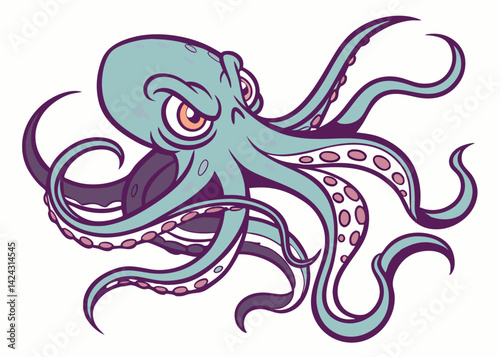 Cartoon angry octopus character illustration with tentacles ocean wildlife design
