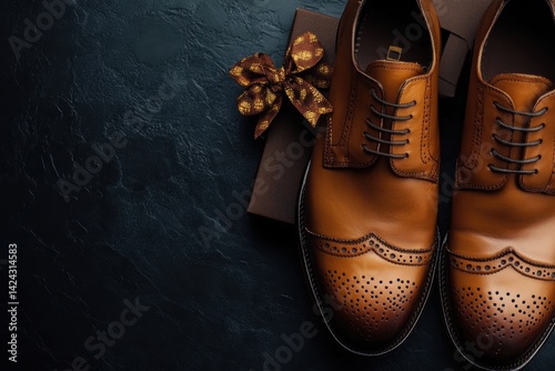 Fashionable brown leather brogue shoes with gift box and bow tie on dark background