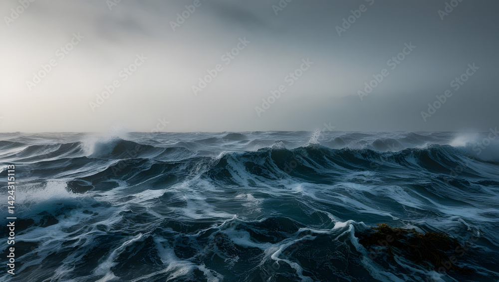 a highly detailed and dramatic cinematic photograph of the tumultuous natural texture of an agitated sea surface, captured in a wide-angle shot with a shallow depth of field, emphasizing the intricate