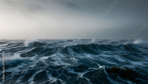 Obraz na płótnie a highly detailed and dramatic cinematic photograph of the tumultuous natural texture of an agitated sea surface, captured in a wide-angle shot with a shallow depth of field, emphasizing the intricate w salonie