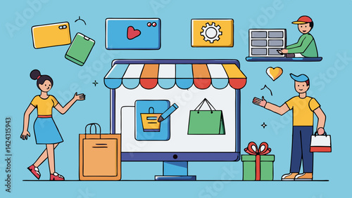 Online shopping experience with customers bags and a modern digital interface