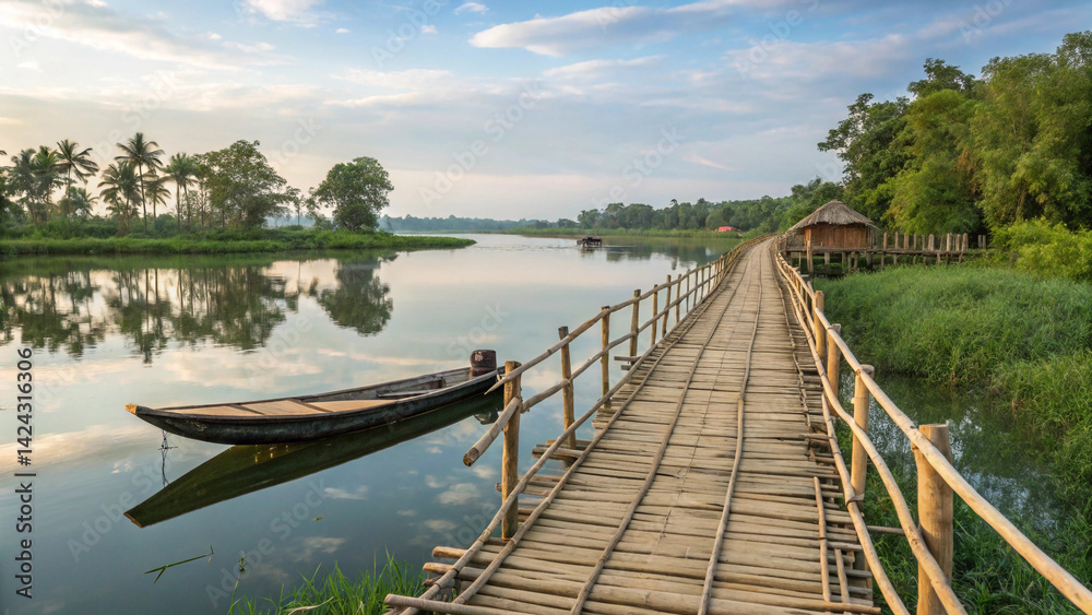 Obraz premium Serene bamboo bridge over calm lake boat hut soft morning light