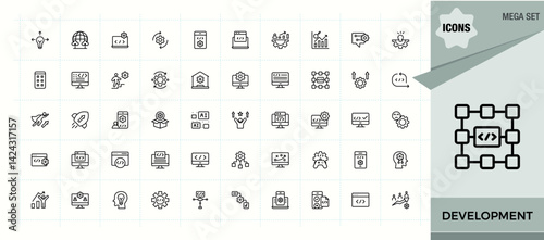 Development simple icon set. Strategy icon set. Minimalist vector collections. Contains related to strategy, evolution, process, expansion, success. Editable stroke. Vector collection.
