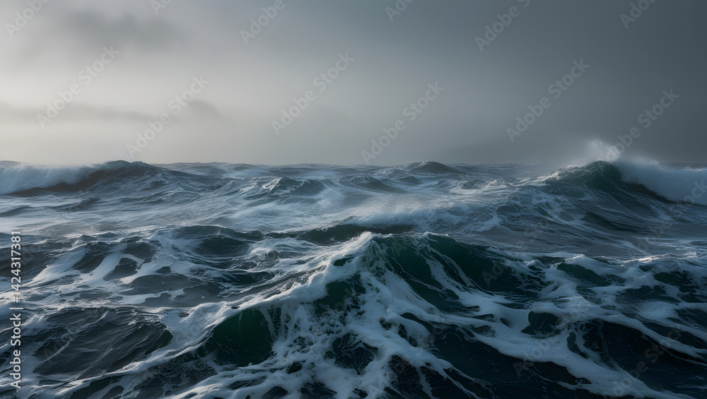 a highly detailed and dramatic cinematic photograph of the tumultuous natural texture of an agitated sea surface, captured in a wide-angle shot with a shallow depth of field, emphasizing the intricate