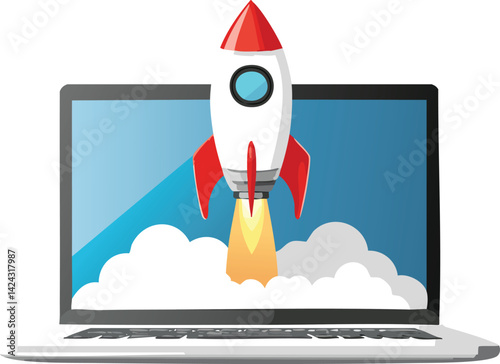 Rocket Launching from Laptop Screen - Digital Innovation Concept for Tech Startups & Motivational Content