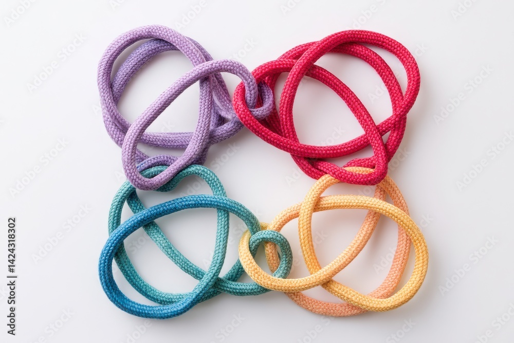 A vibrant arrangement of colorful ropes intertwined in a playful, artistic design, showcasing a mix of purple, red, green, and yellow hues.