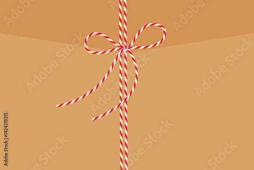 Flat gift envelope, kraft paper gift tied with twisted red rope with ribbon and bow with white narrow empty tag. Packing string for decoration, present for Christmas, Birthday. Vector EPS10