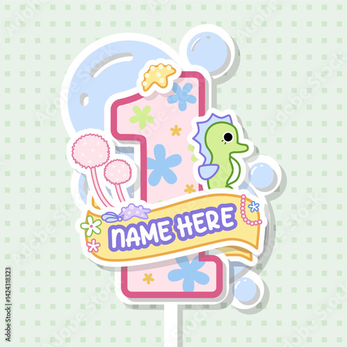 a hand drawn bubble and seahorse cake topper for decoration birthday cake