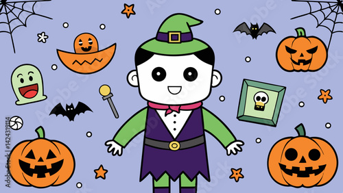 Cute halloween background with cartoon witch pumpkins bats and ghost character