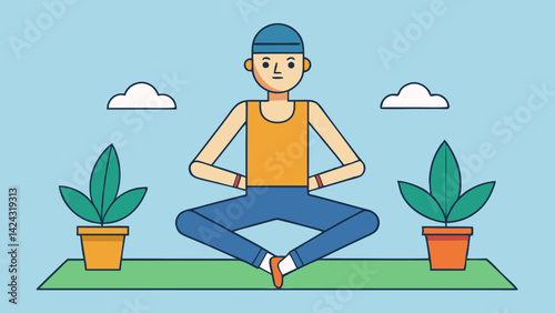 Man meditating in lotus position with potted plants and clouds illustration
