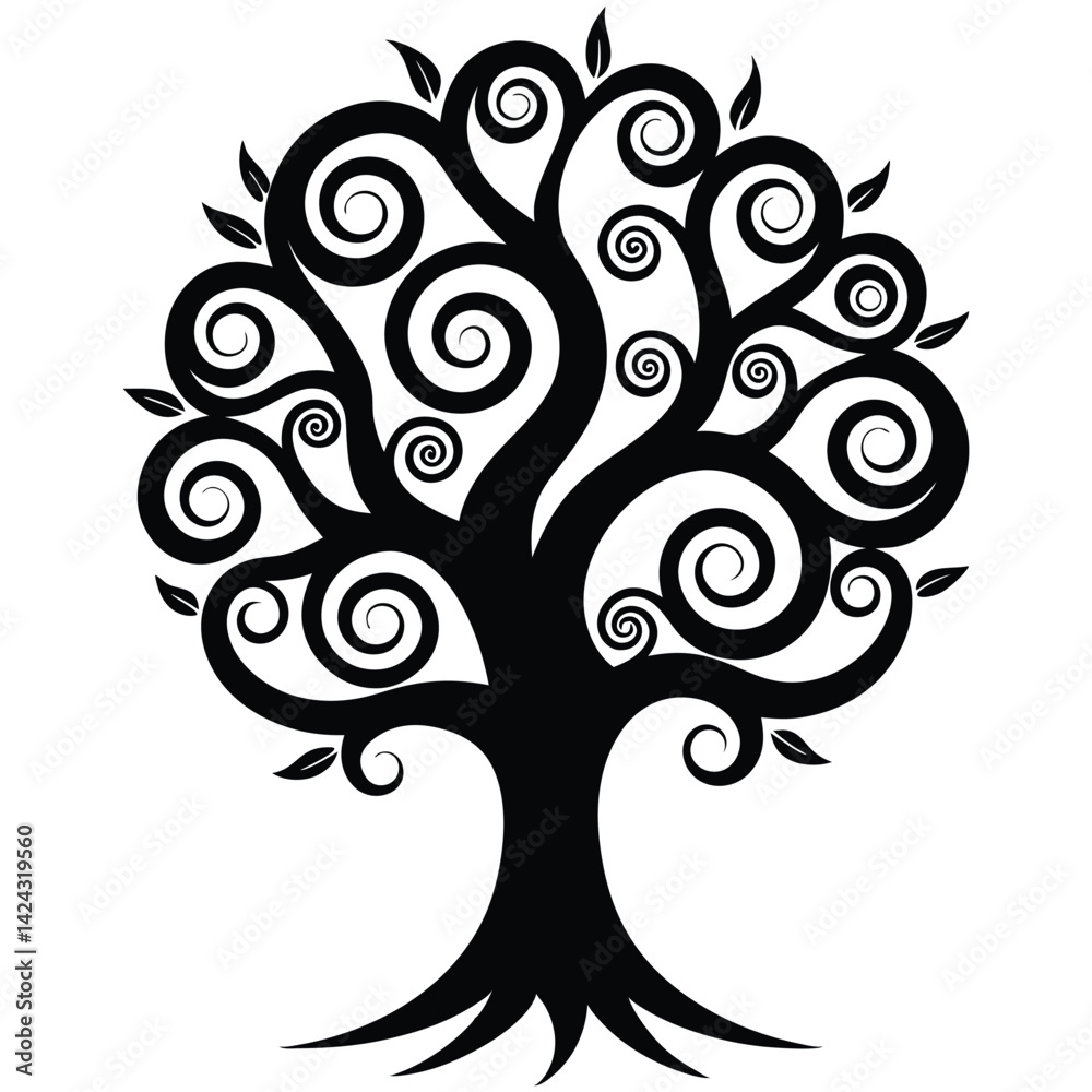 Floral Tree Silhouette with Ornamental Swirls and Leaves Design Floral Tree Silhouette with Ornamental Swirls and Leaves Design