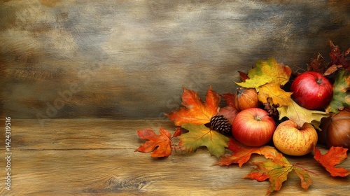 Autumn Still Life: Apples, Leaves, Pine Cones, and Wood Background
