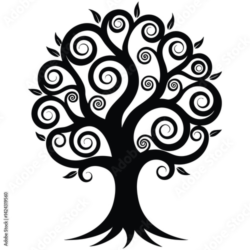 Floral Tree Silhouette with Ornamental Swirls and Leaves Design