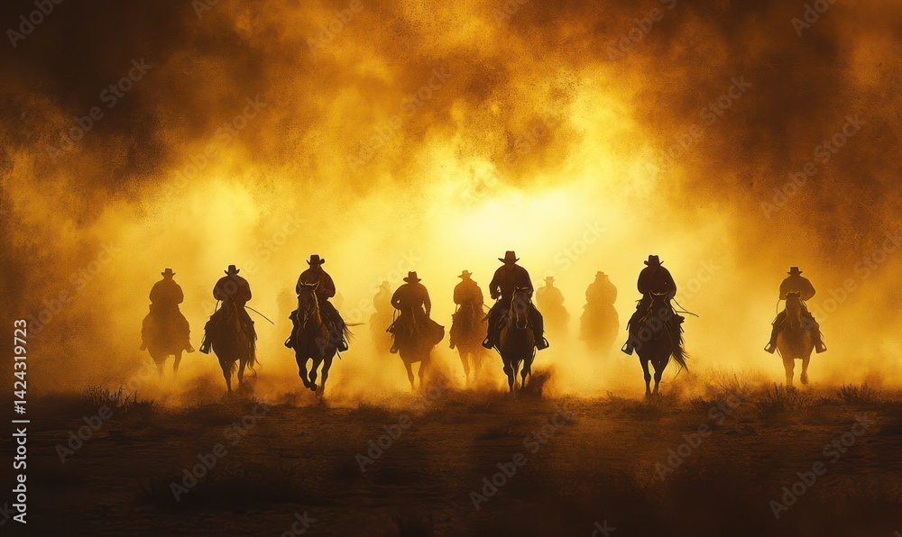 A group of cowboys rides across the desert plains, their silhouettes framed by a golden haze