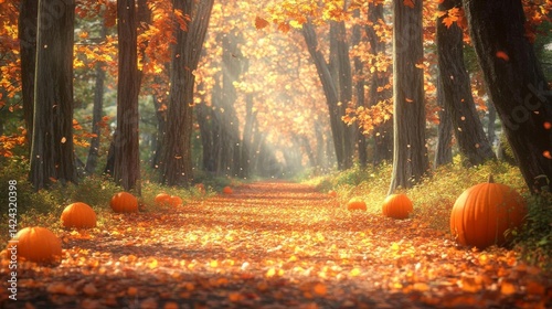 Autumn Path with Pumpkins and Falling Leaves