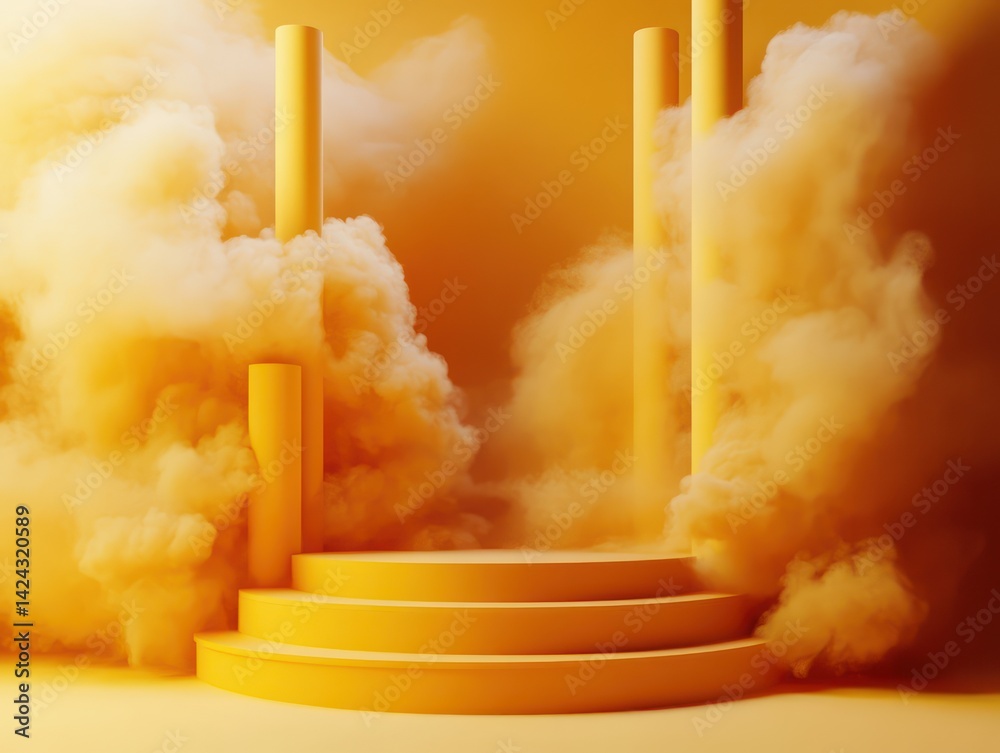 yellow podium with smoke effect, product placement mock-up