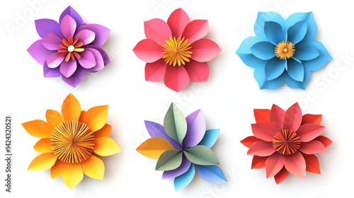 Colorful paper flowers, crafting, white background, design element, greeting card