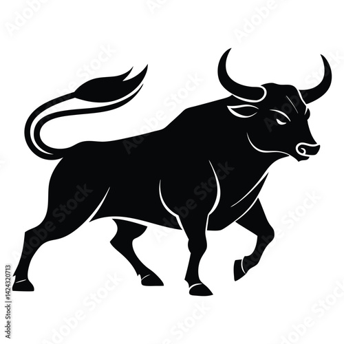 Black and white cartoon bull vector illustration isolated on white with fun and cute details, showcasing a farm animal silhouette
