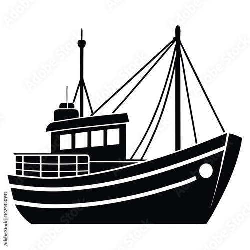 Silhouette of a vintage sailing ship and fishing boat on the sea, wooden vessel with sails and mast, nautical and pirate theme, isolated illustration