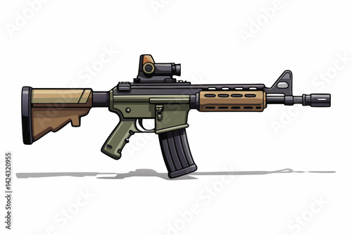 Illustrated assault rifle with reflex sight and magazine isolated on white