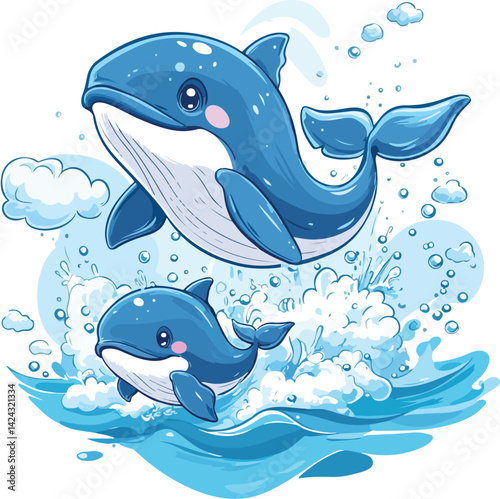 Mother Dolphin and Baby Twirling in Ocean Bubbles