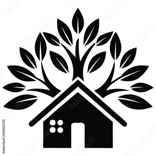 Black and white house with flowers and abstract background, floral vector design