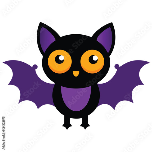 Funny cartoon cat and owl characters with big eyes, smiling, in a cute and playful style, perfect for Halloween-themed design, featuring a black kitten and a pet bird
