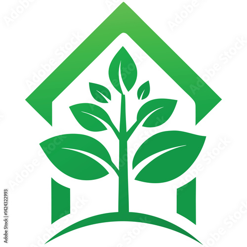 Green Eco House Icon with Leaf and Nature Elements