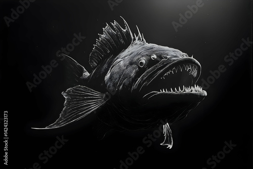 Intensely detailed monochrome illustration of a predatory fish.
