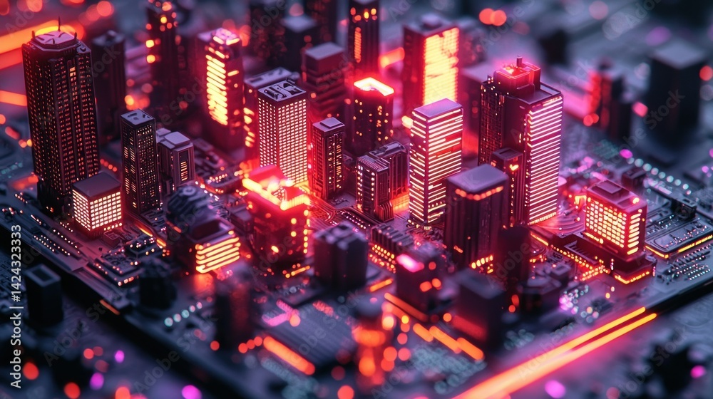 Futuristic cityscape, glowing architecture, electronic city