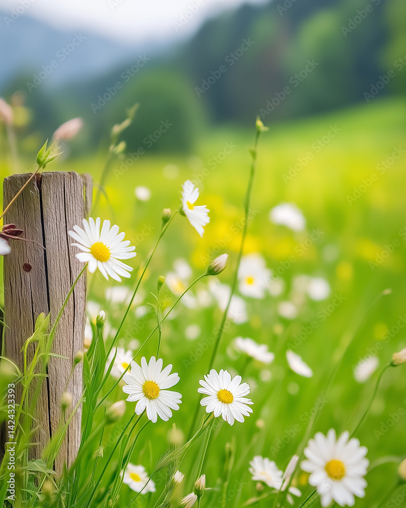 An old wooden fence post in a field of flowers.