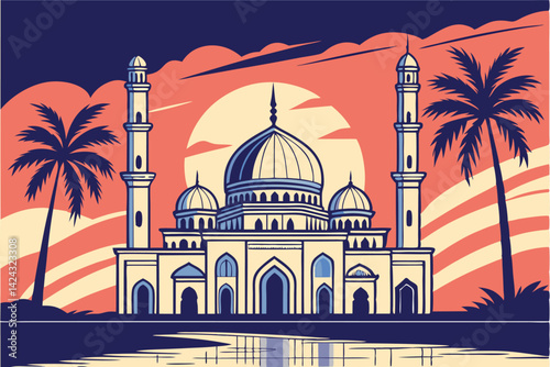 Serene Sunset Over a Grand Mosque Peaceful Islamic Landscape Photography