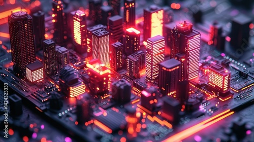 Obraz na płótnie Futuristic cityscape, glowing architecture, electronic city w salonie
