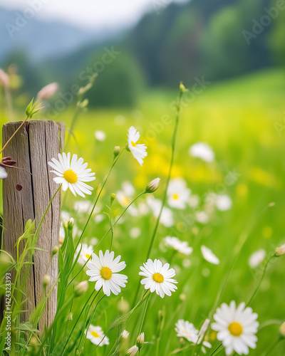 Obraz na płótnie An old wooden fence post in a field of flowers. w salonie