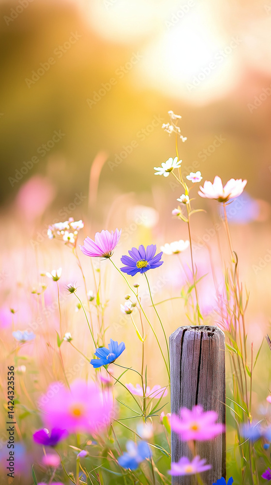 An old wooden fence post in a field of flowers.