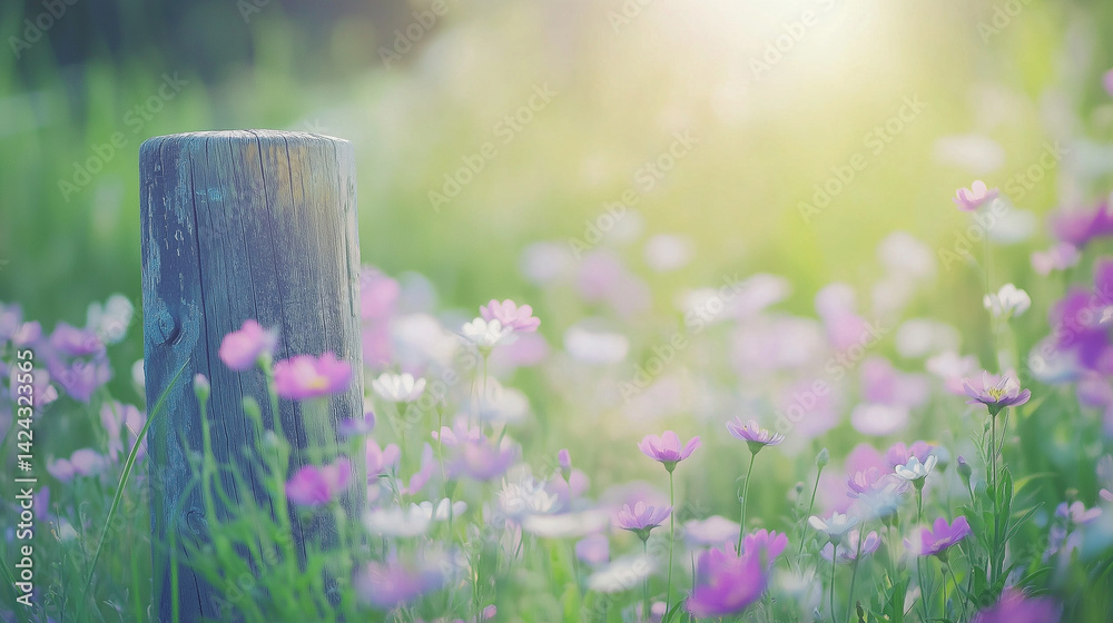 An old wooden fence post in a field of flowers.