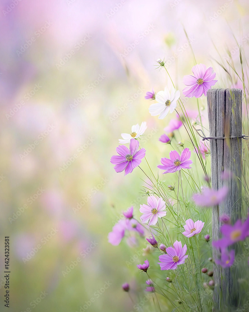 An old wooden fence post in a field of flowers.
