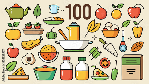 One hundred food and kitchen doodle illustration with vegetables fruits and cooking utensils