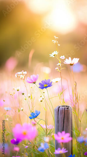 An old wooden fence post in a field of flowers. 